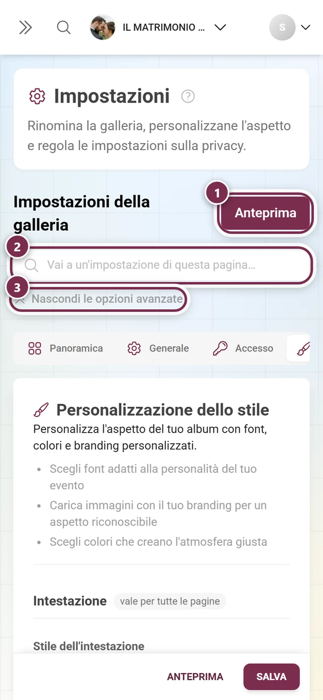 Impostazioni dell'aspetto con logo, colori e immagine di copertina