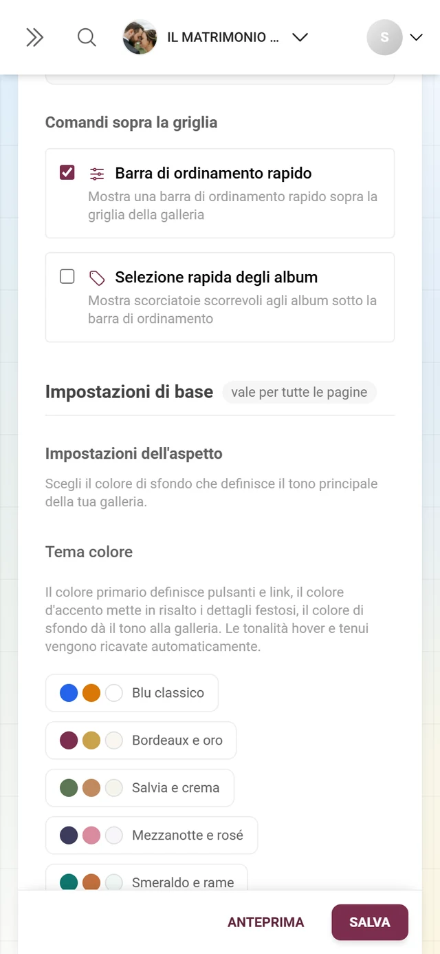 Blocco Impostazioni dell'aspetto con sei palette di colori e colore primario e d'accento