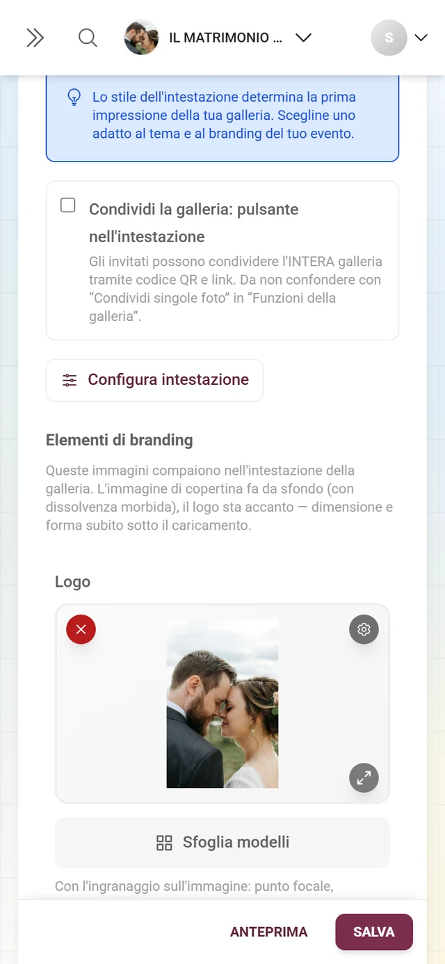 Casella Condividi la galleria, pulsante Configura intestazione e i campi di caricamento vuoti Logo e Immagine di copertina