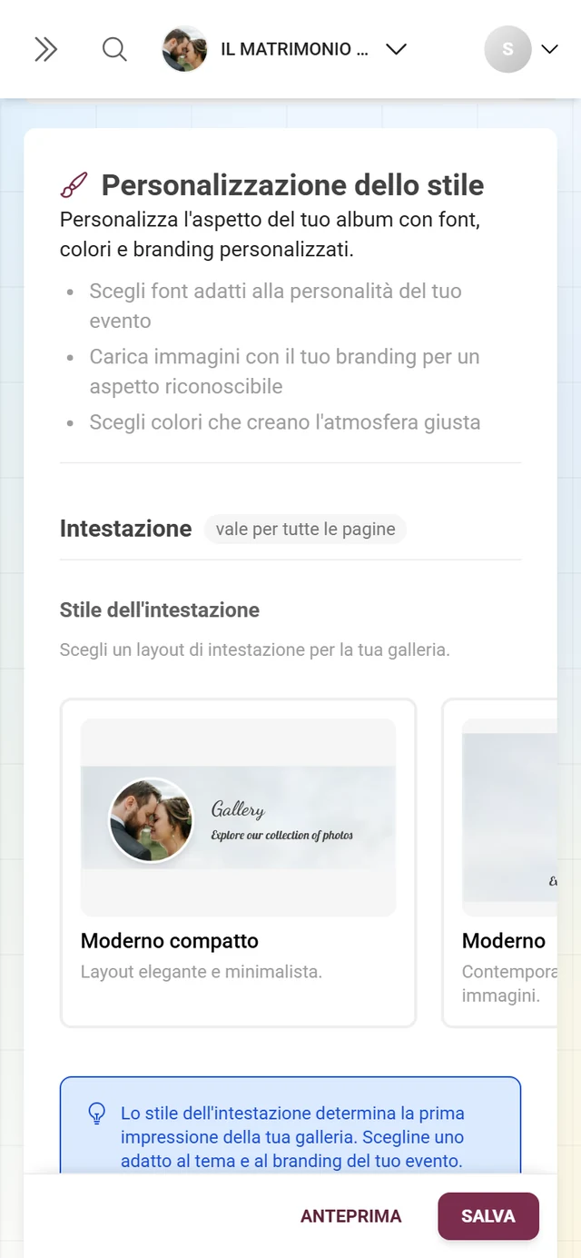 Blocco Stile dell'intestazione con le schede di anteprima Moderno compatto, Moderno, Polaroid e Minimalista