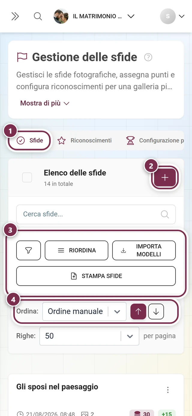 Gestione delle sfide con barra delle schede, pulsante Crea, barra degli strumenti e ordinamento evidenziati