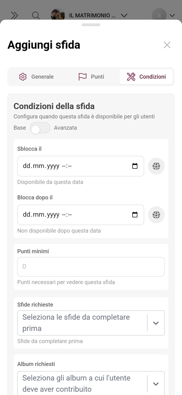 Scheda Condizioni nell'editor delle sfide con i selettori Base e Avanzata
