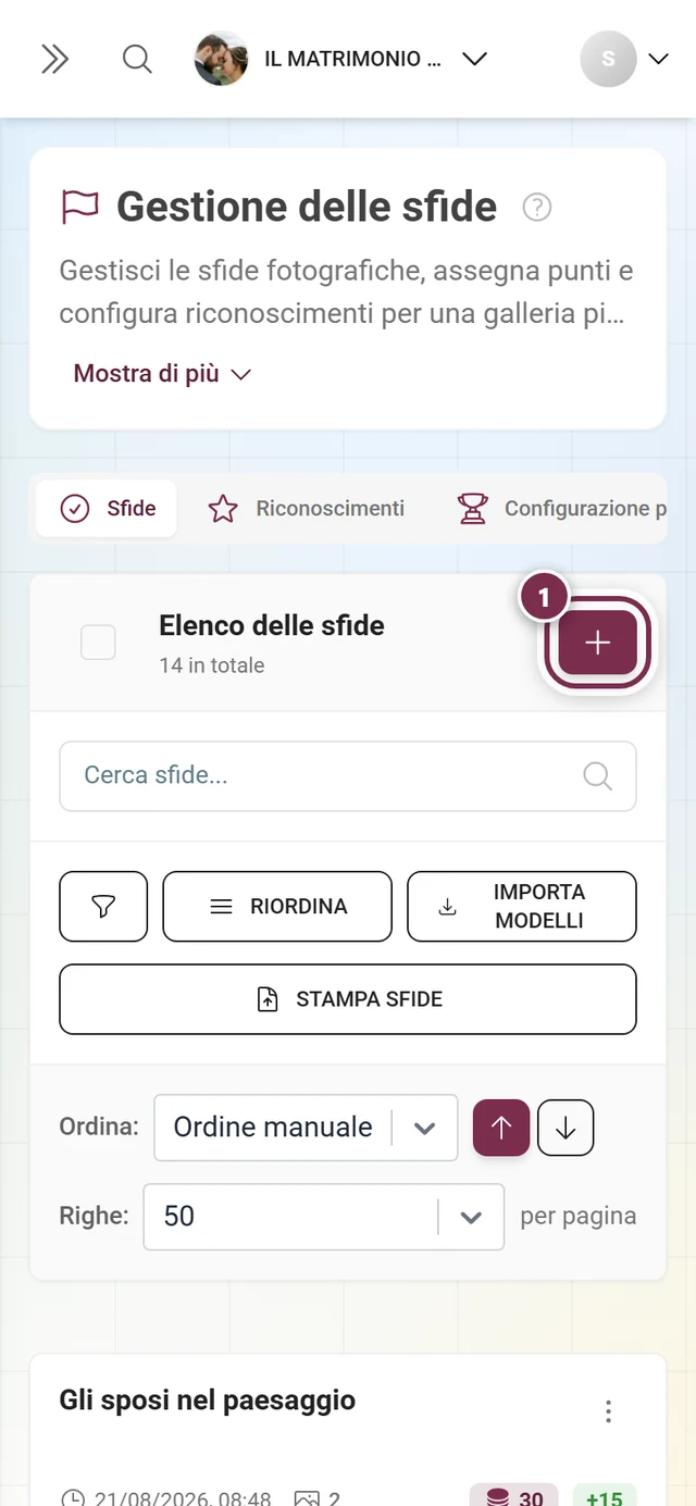 Gestione delle sfide con il pulsante Crea sfida evidenziato in rosso in alto a destra sopra la barra degli strumenti