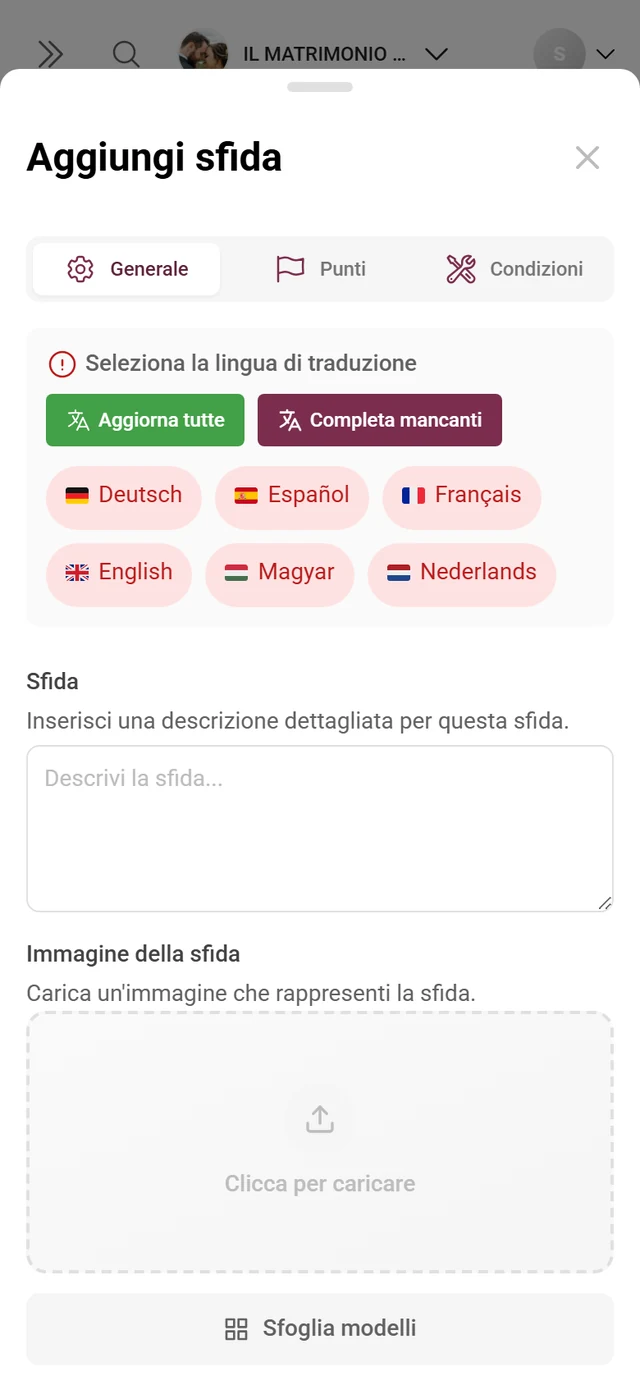 Editor delle sfide con campi per sfida, immagine di riferimento, punti e ordinamento