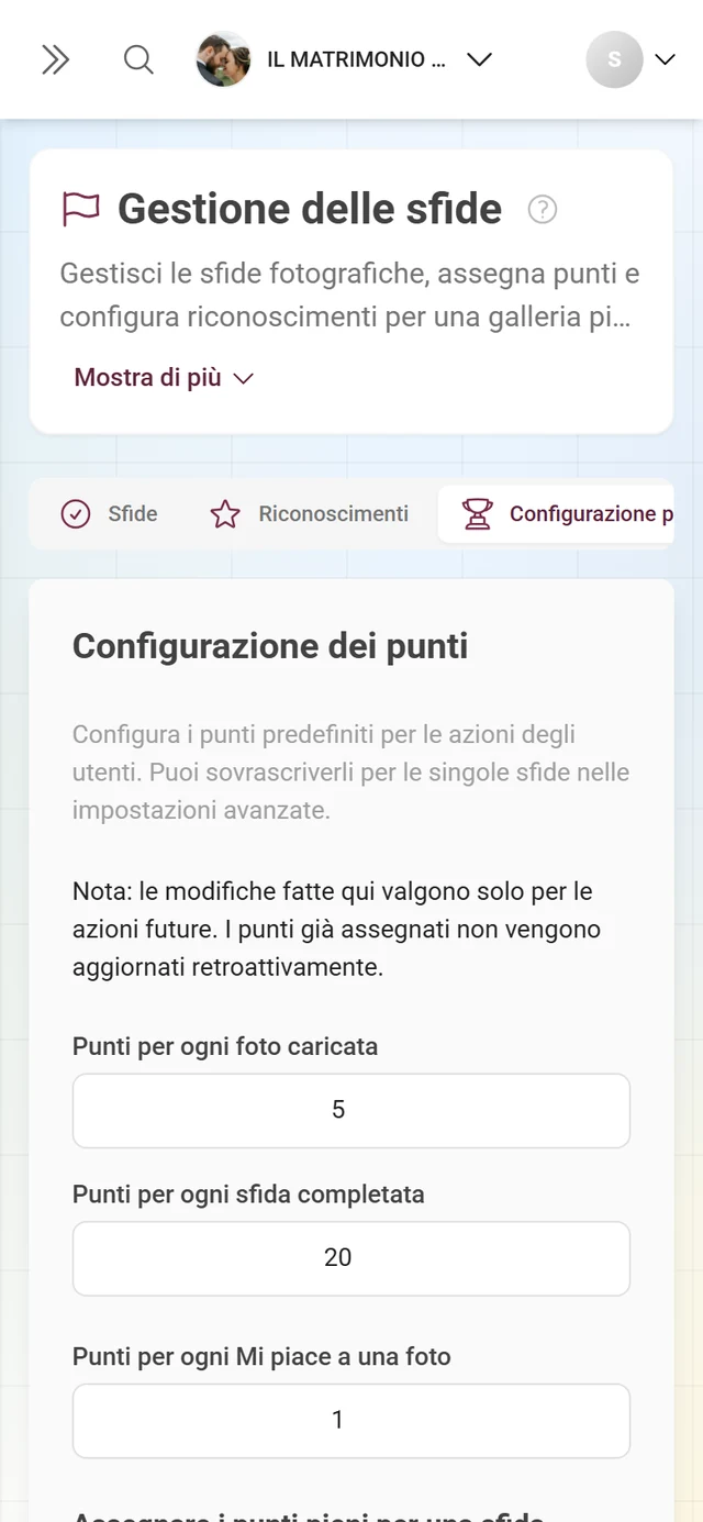 Scheda Configurazione punti con i valori dei punti per ogni azione
