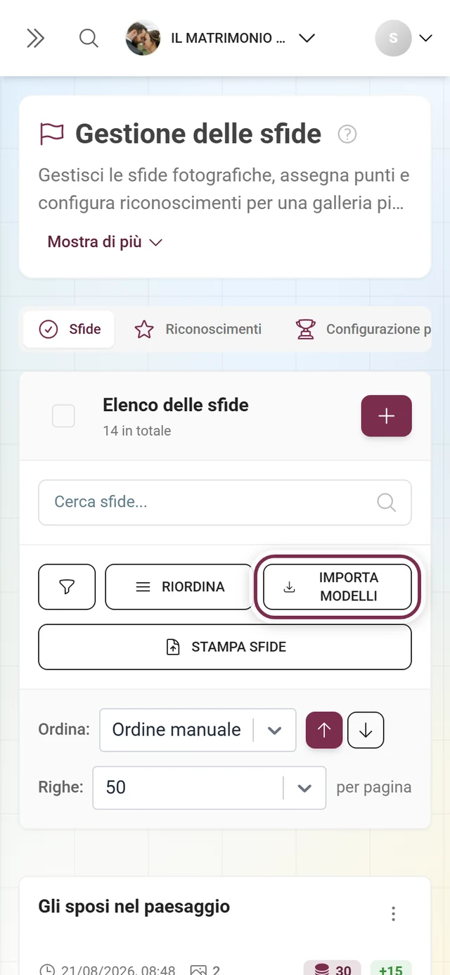 Barra degli strumenti della Gestione delle sfide con il pulsante Importa modelli evidenziato in rosso