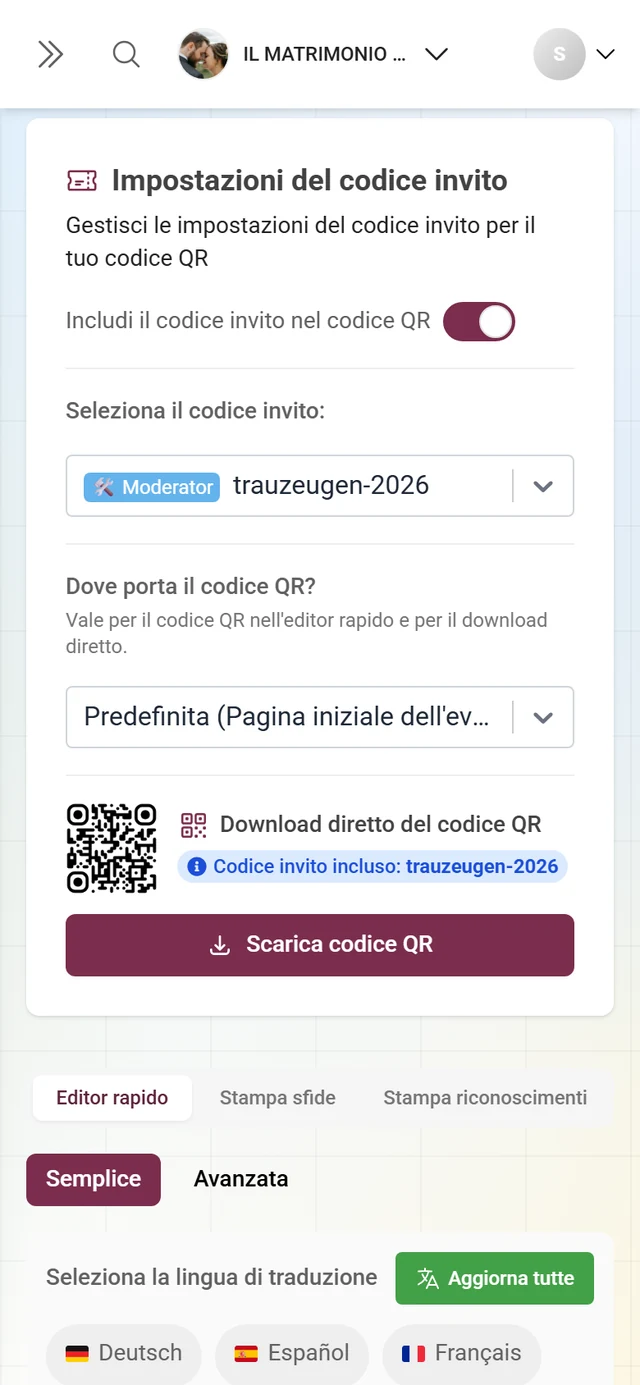Modello di stampa con codice QR e codice d'invito stampato
