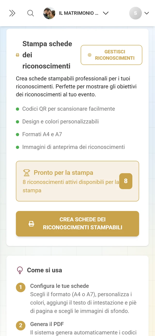Scheda Stampa riconoscimenti con il riquadro Stampa schede dei riconoscimenti
