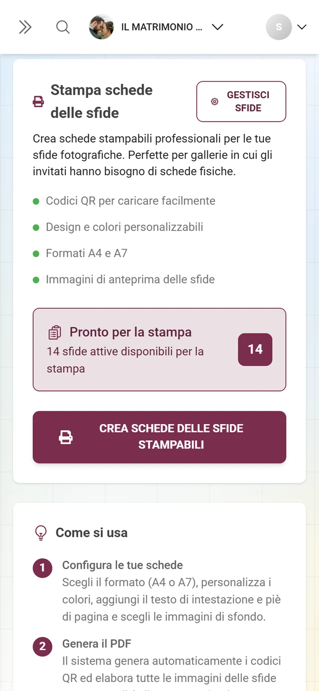 Scheda Stampa sfide con il riquadro Stampa schede delle sfide