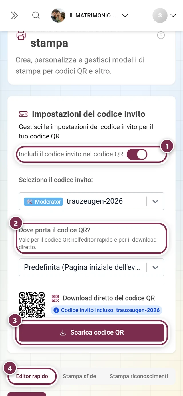 Pagina Modelli di stampa con evidenziati l'interruttore del codice d'invito, la destinazione QR, il pulsante di download e le schede