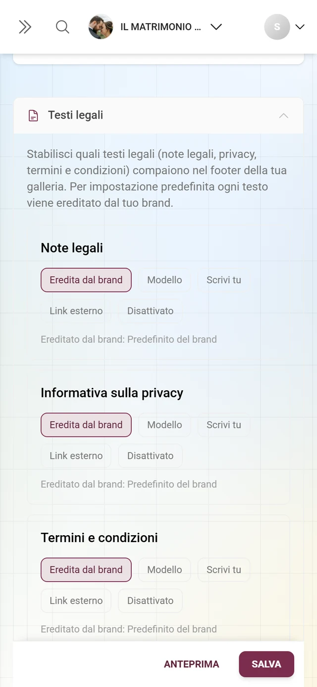 Area Testi legali espansa nella scheda White-Label
