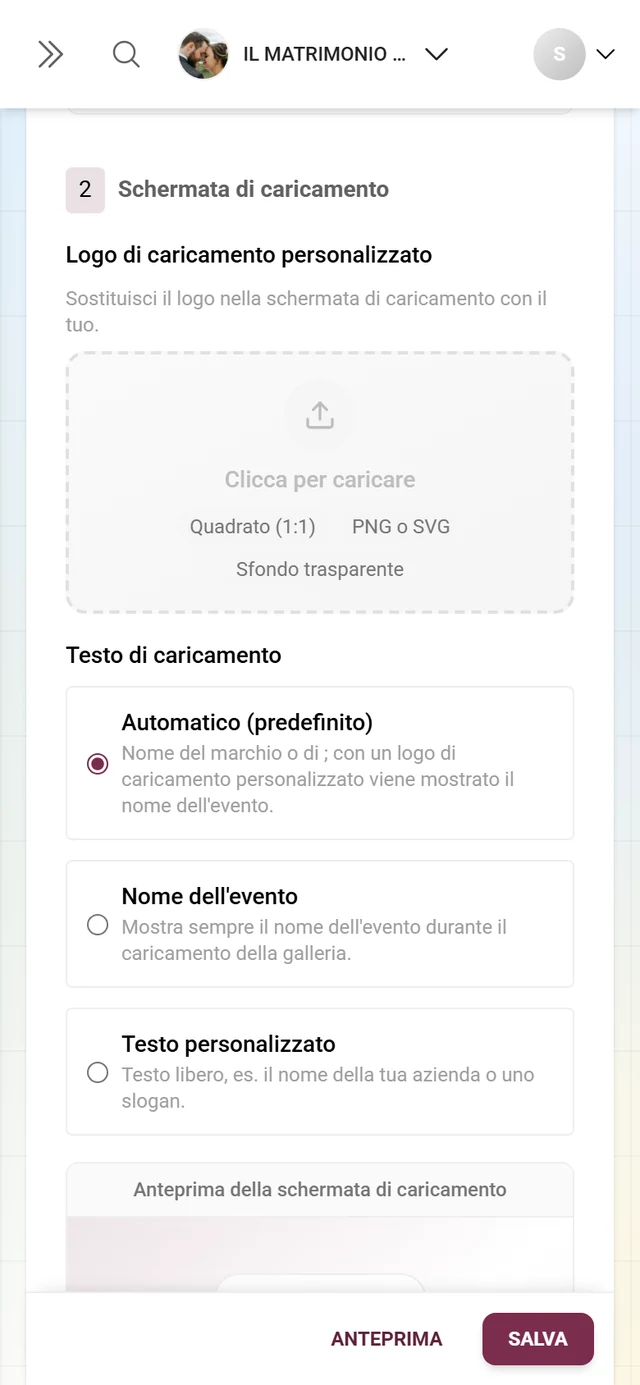 Blocco 2 Schermata di caricamento con l'area di rilascio per il logo e le tre opzioni del testo di caricamento