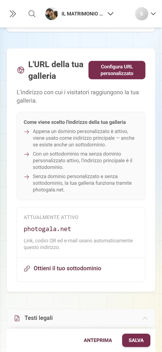 Area L'URL della tua galleria con l'indirizzo attuale