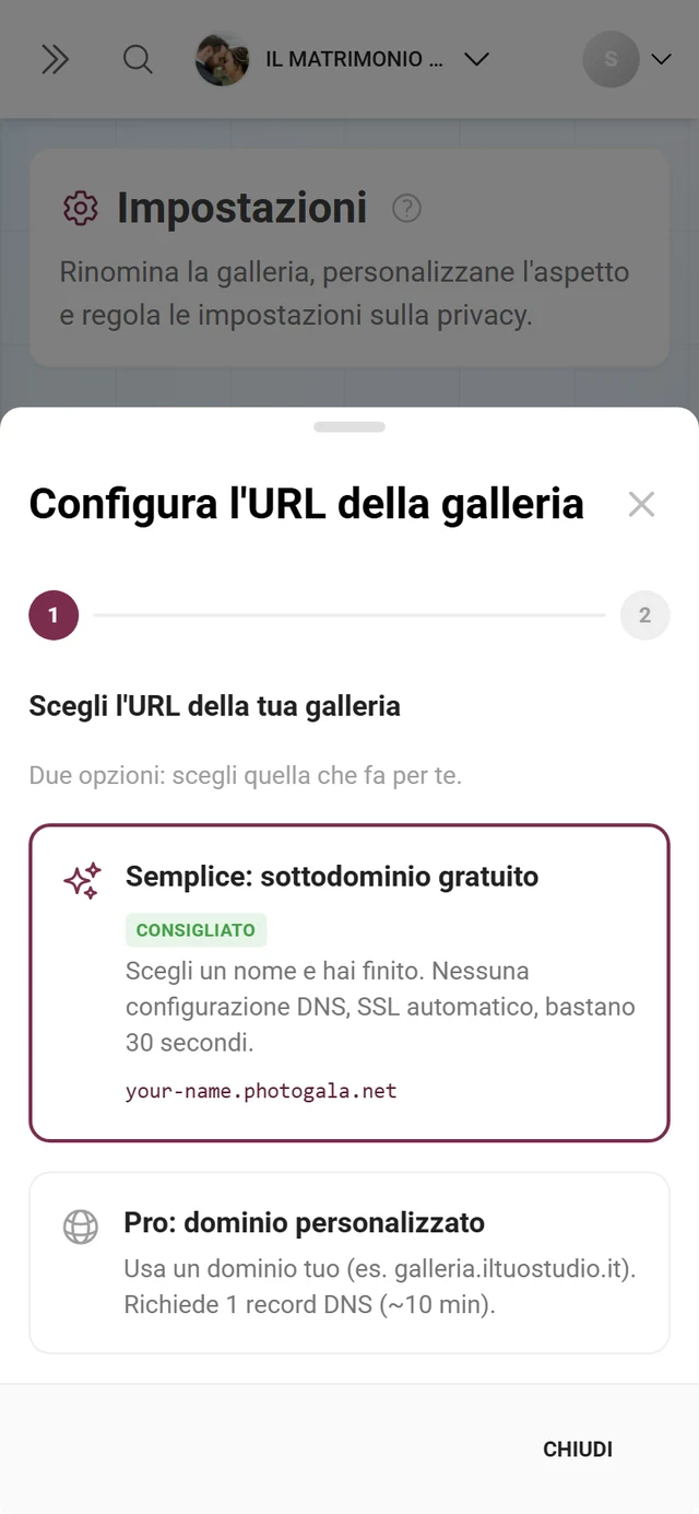 Procedura guidata per configurare un URL personalizzato della galleria