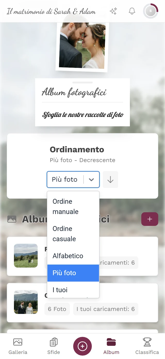 Menu a tendina dell'ordinamento aperto con le cinque opzioni