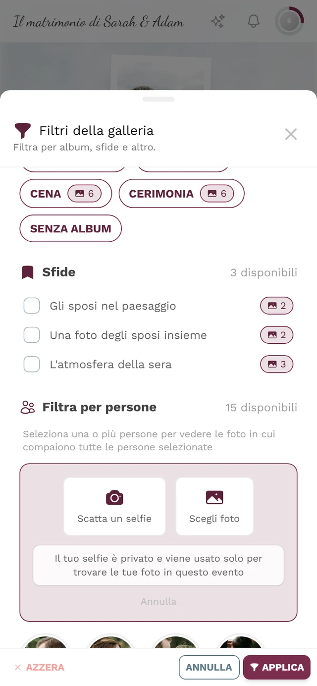 Scelta della fonte per Trovami con i pulsanti Scatta un selfie e Scegli foto e la nota sulla privacy