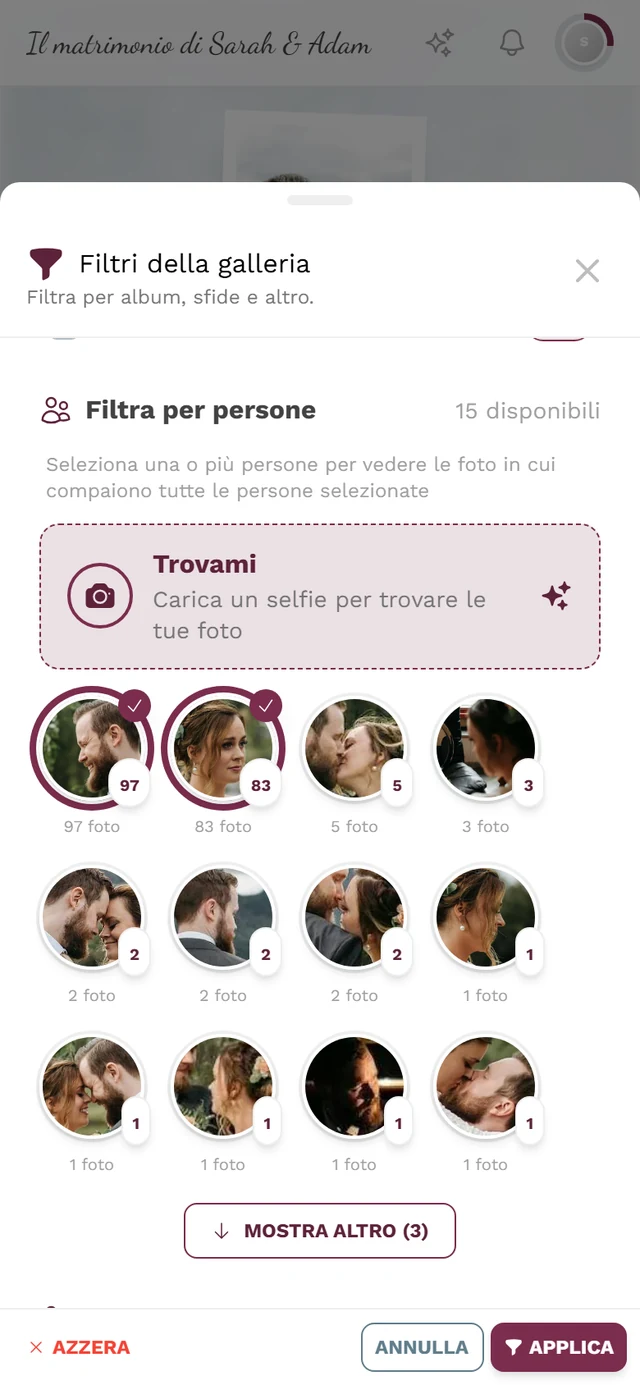 Riquadri delle persone nel filtro della galleria, due selezionati con anello e segno di spunta