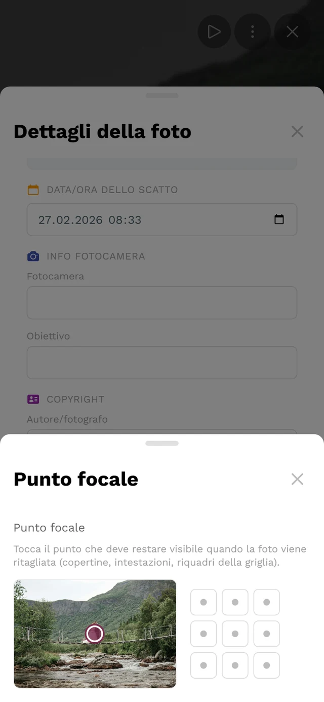 Popup Punto focale con anteprima, indicatore e la griglia di nove caselle