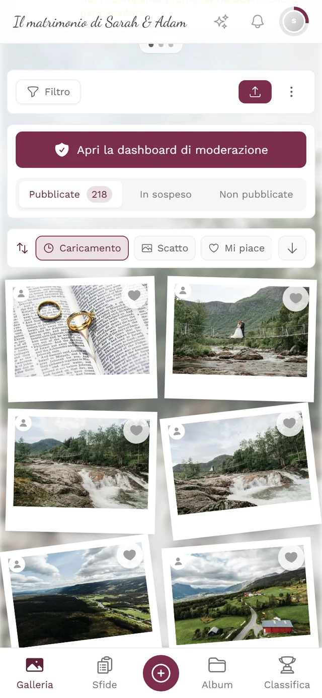 Galleria con la scheda Pannello di moderazione tra la barra dei filtri e la griglia delle foto, con le schede Pubblicati, In attesa e Non pubblicati