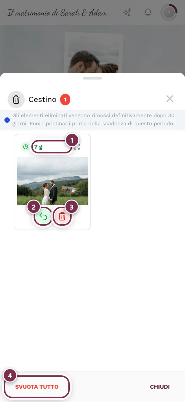 Finestra Cestino con il chip del tempo residuo evidenziato, Ripristina, Elimina definitivamente e Svuota tutto