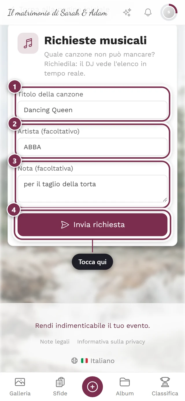 Modulo compilato con Dancing Queen, ABBA e una nota, sotto il pulsante Invia richiesta