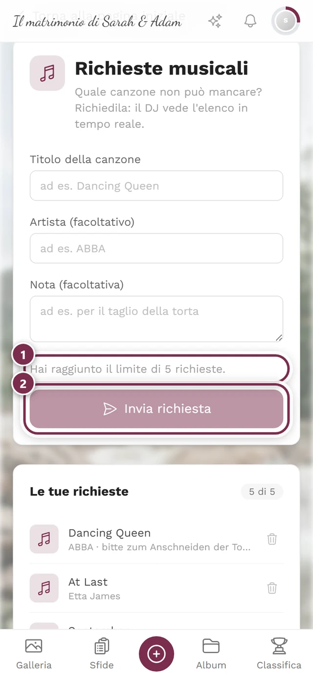 Modulo con pulsante grigio e l'avviso Hai raggiunto il limite di 5 richieste