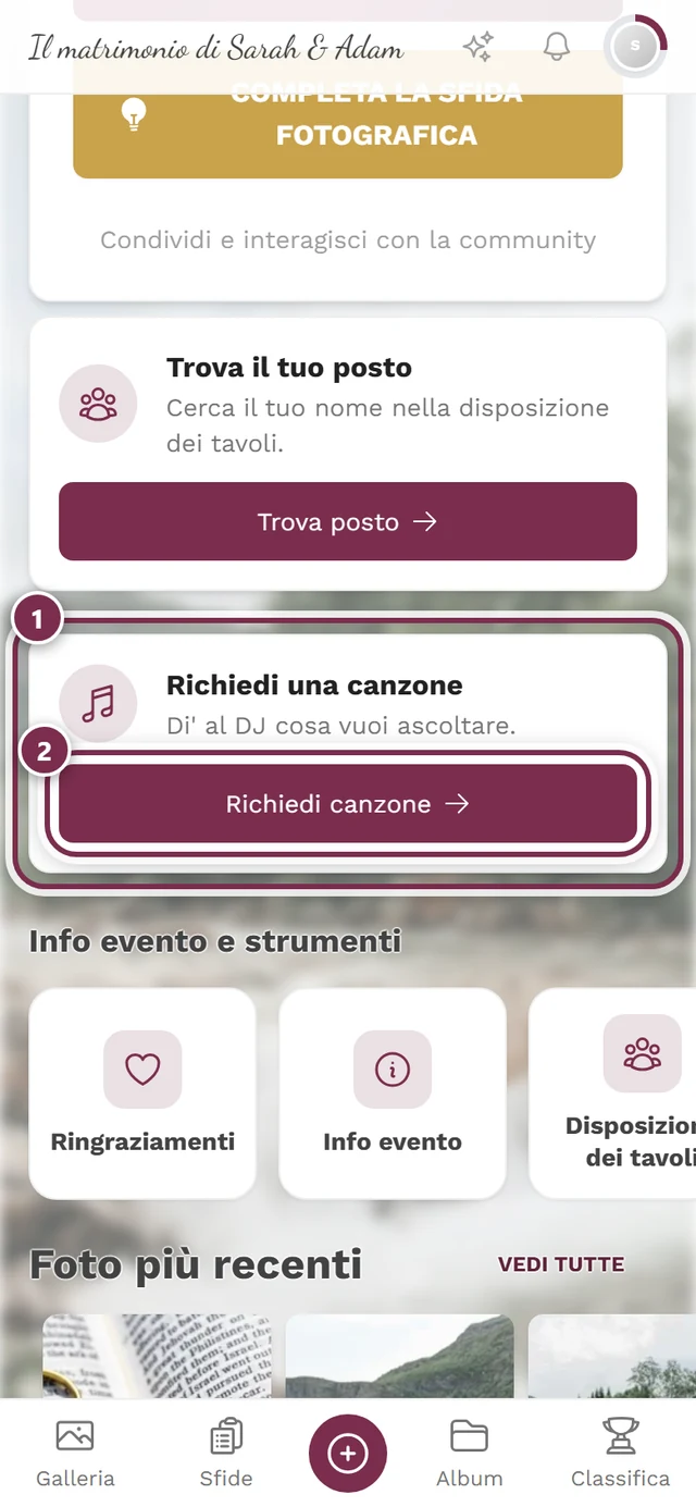Pagina iniziale dell'evento con la scheda Richiedi una canzone e il pulsante Richiedi canzone