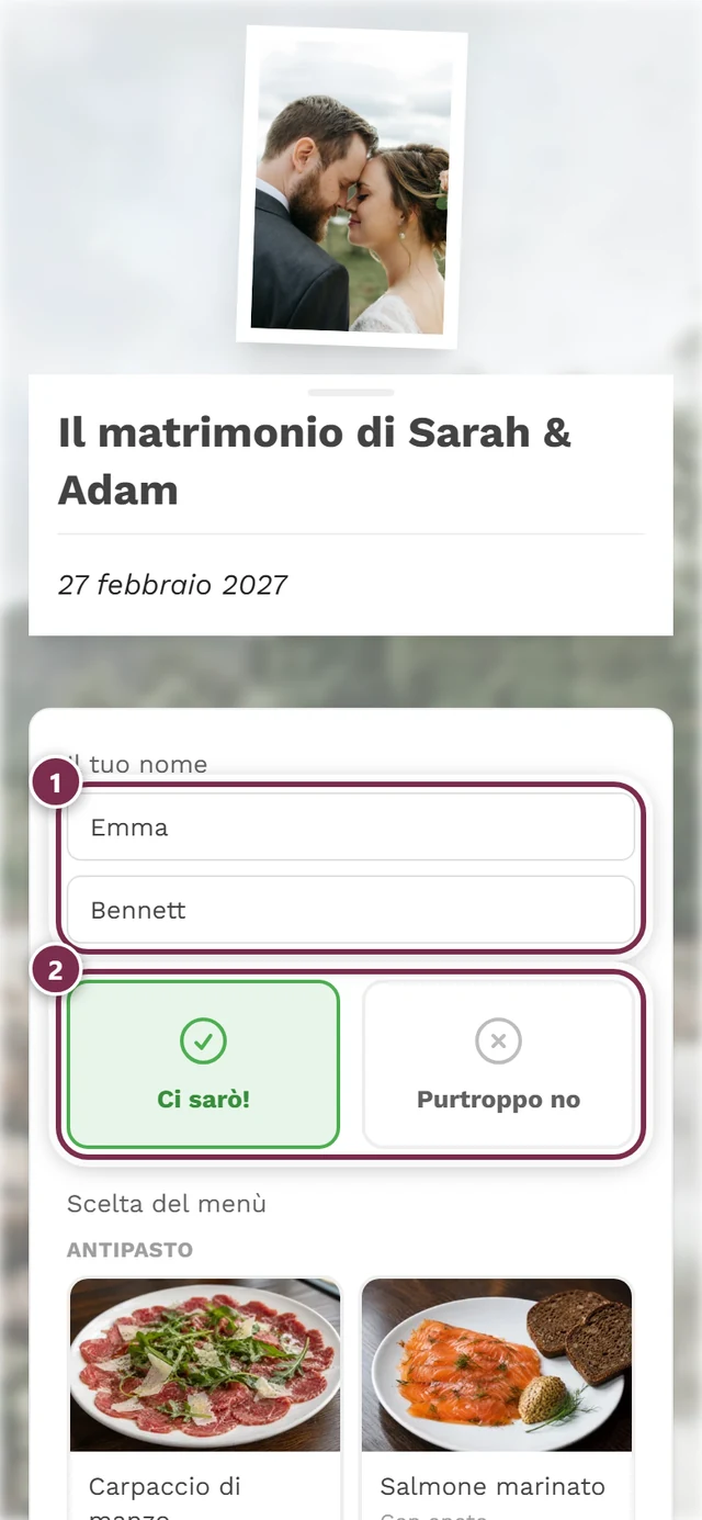 Vista classica senza assistente con i campi del nome, le schede di conferma e il menù sotto