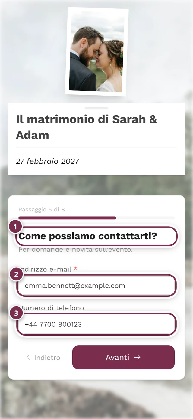 Passaggio Come possiamo contattarti con un campo obbligatorio per l'indirizzo e-mail e un campo telefono facoltativo