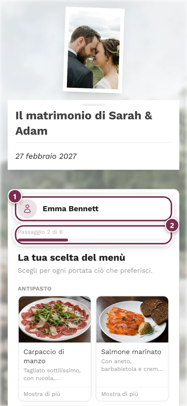 Modulo di risposta aperto da un link personale con la scheda del nome in alto e l'indicatore Passaggio 2 di 6