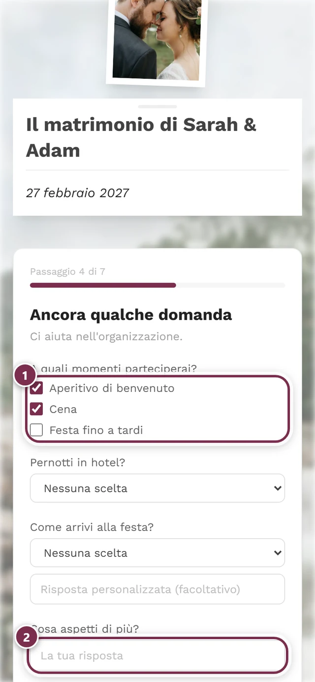 Scelta multipla con caselle spuntate e sotto una domanda a testo libero