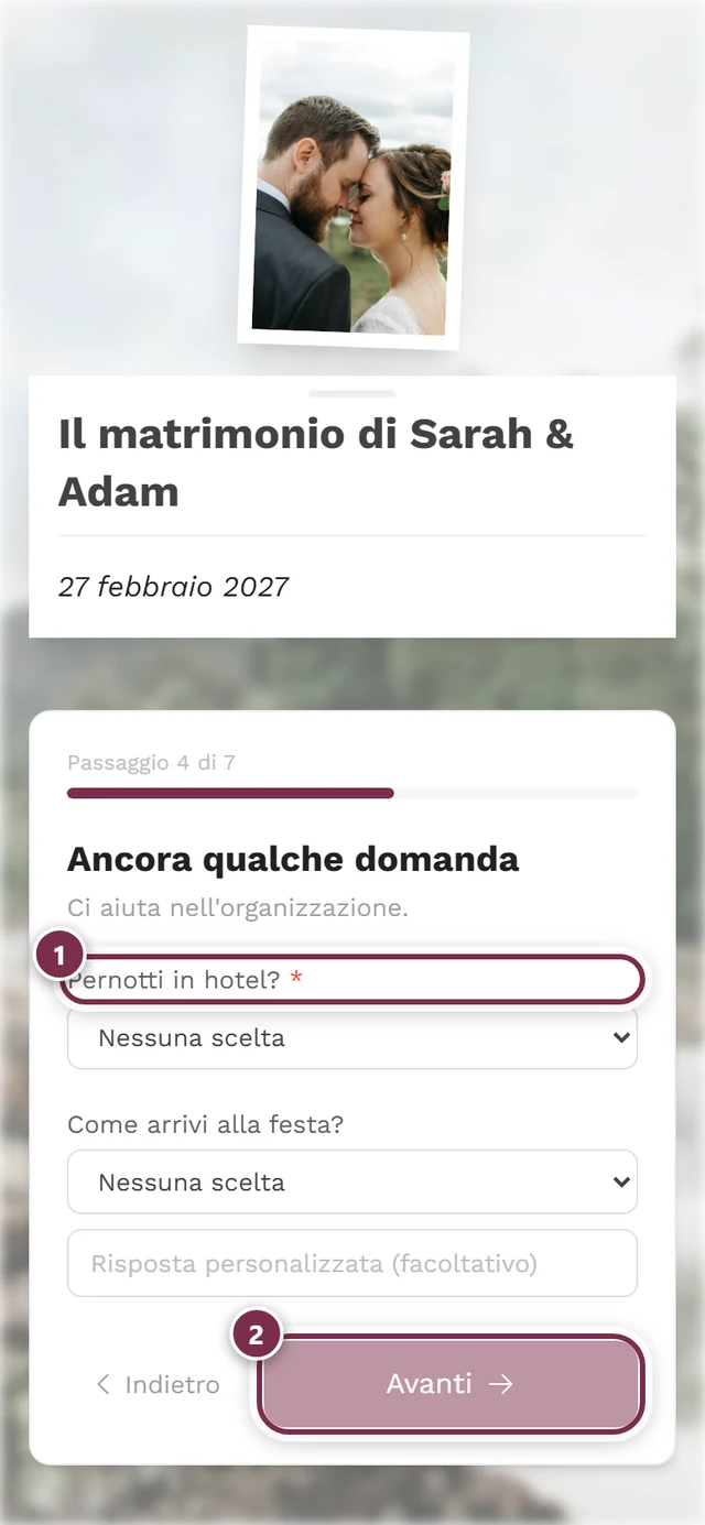 Domanda obbligatoria con asterisco rosso e pulsante Avanti sbiadito e non premibile