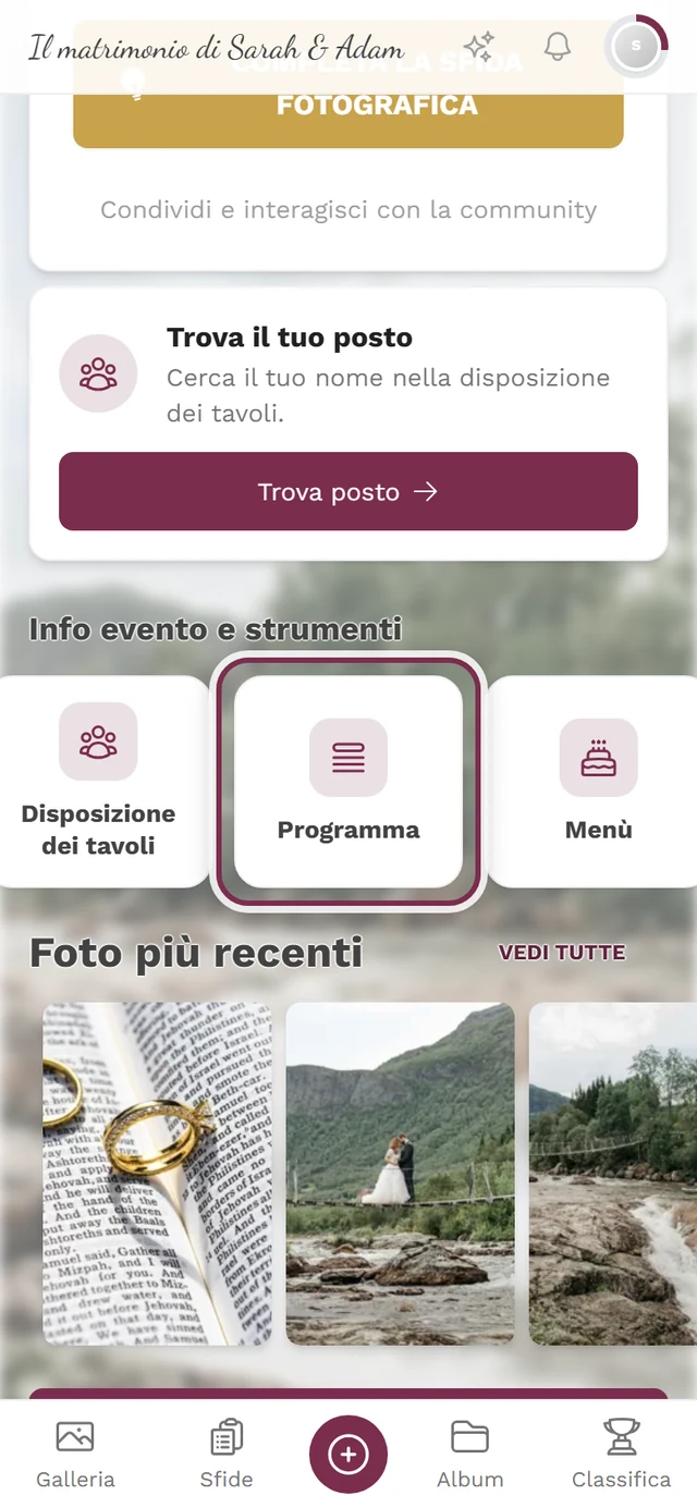 Home dell'evento con il riquadro Programma evidenziato nella barra degli strumenti