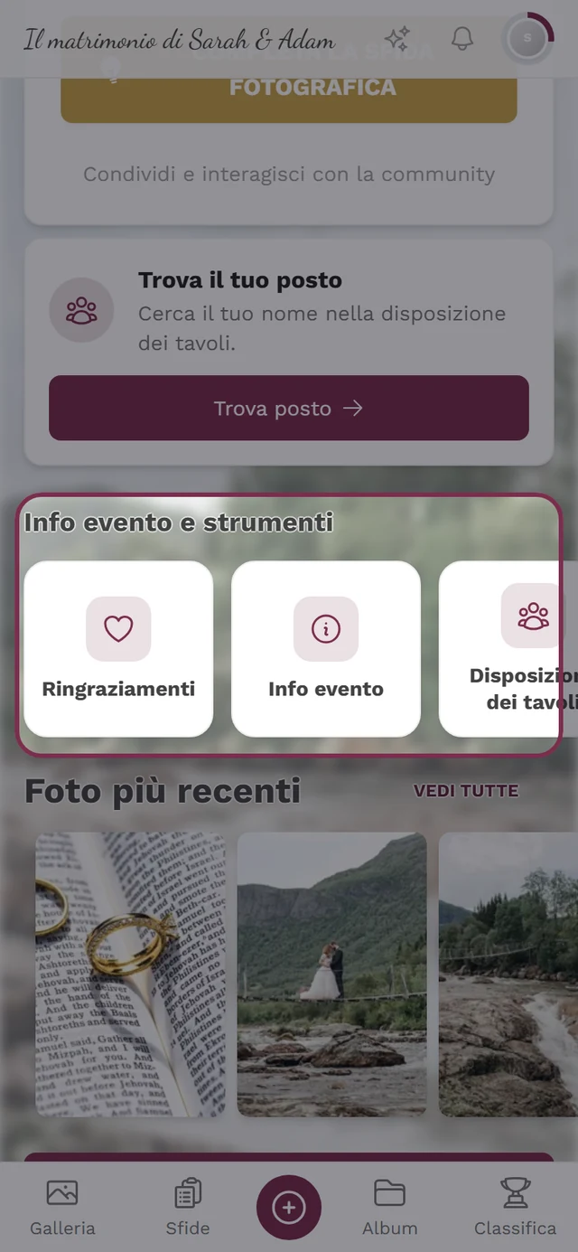 Pagina iniziale dell'evento con la barra Info evento e strumenti