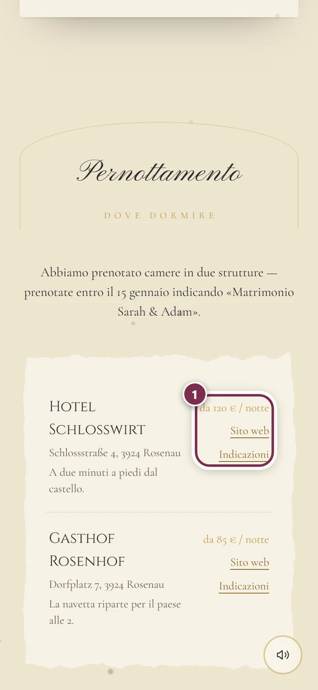 Sezione Pernottamento con due strutture e l'anello intorno a prezzo, Sito web e Indicazioni della prima struttura