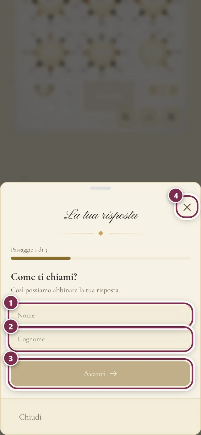 Finestra di risposta La tua risposta con anelli intorno a Nome, Cognome, Avanti e alla crocetta di chiusura