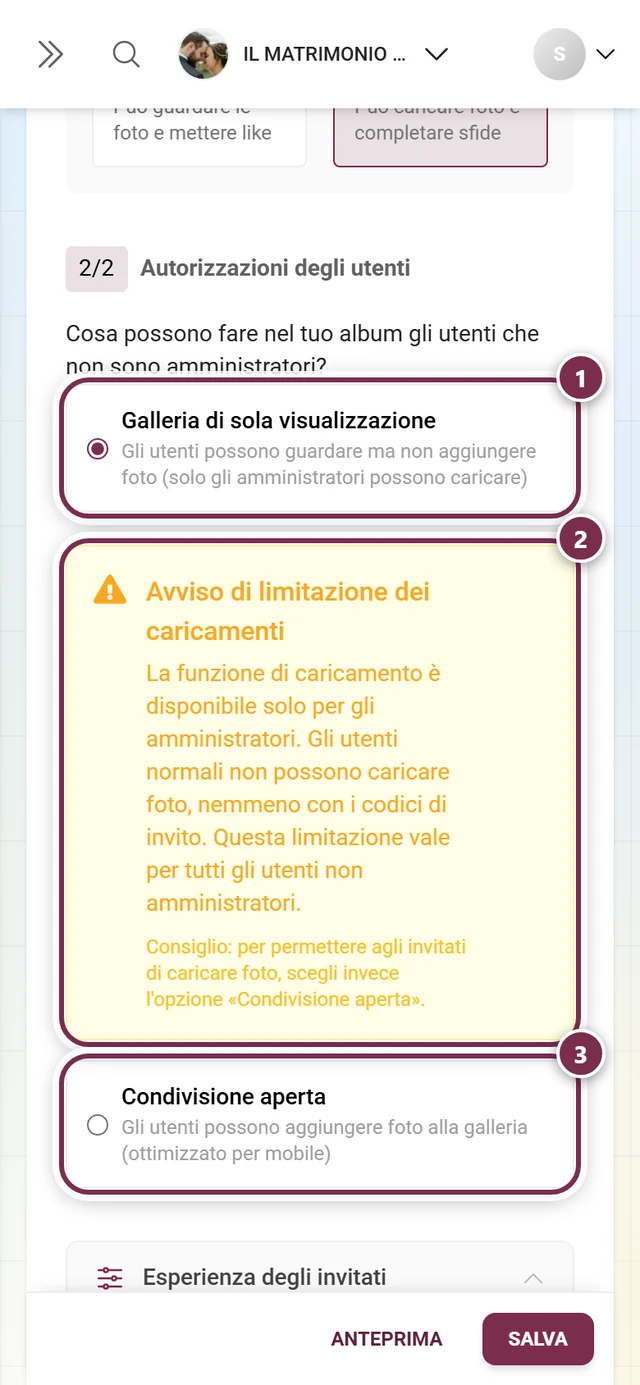Sezione Autorizzazioni degli utenti con l'opzione Galleria di sola visualizzazione selezionata e il riquadro giallo Avviso di limitazione dei caricamenti
