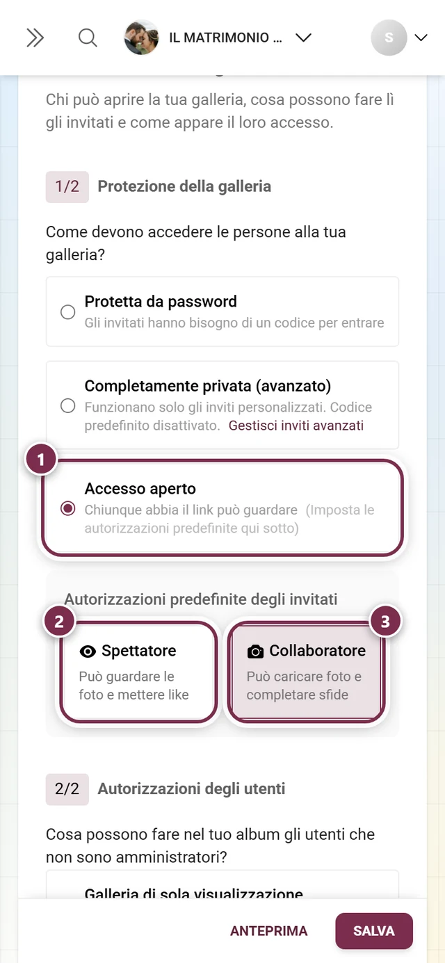 Protezione della galleria con l'opzione Accesso aperto selezionata e i riquadri Spettatore e Collaboratore