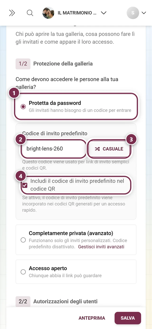Protezione della galleria con l'opzione Protetta da password selezionata, il campo Codice di invito predefinito, il pulsante Casuale e la casella per il codice QR