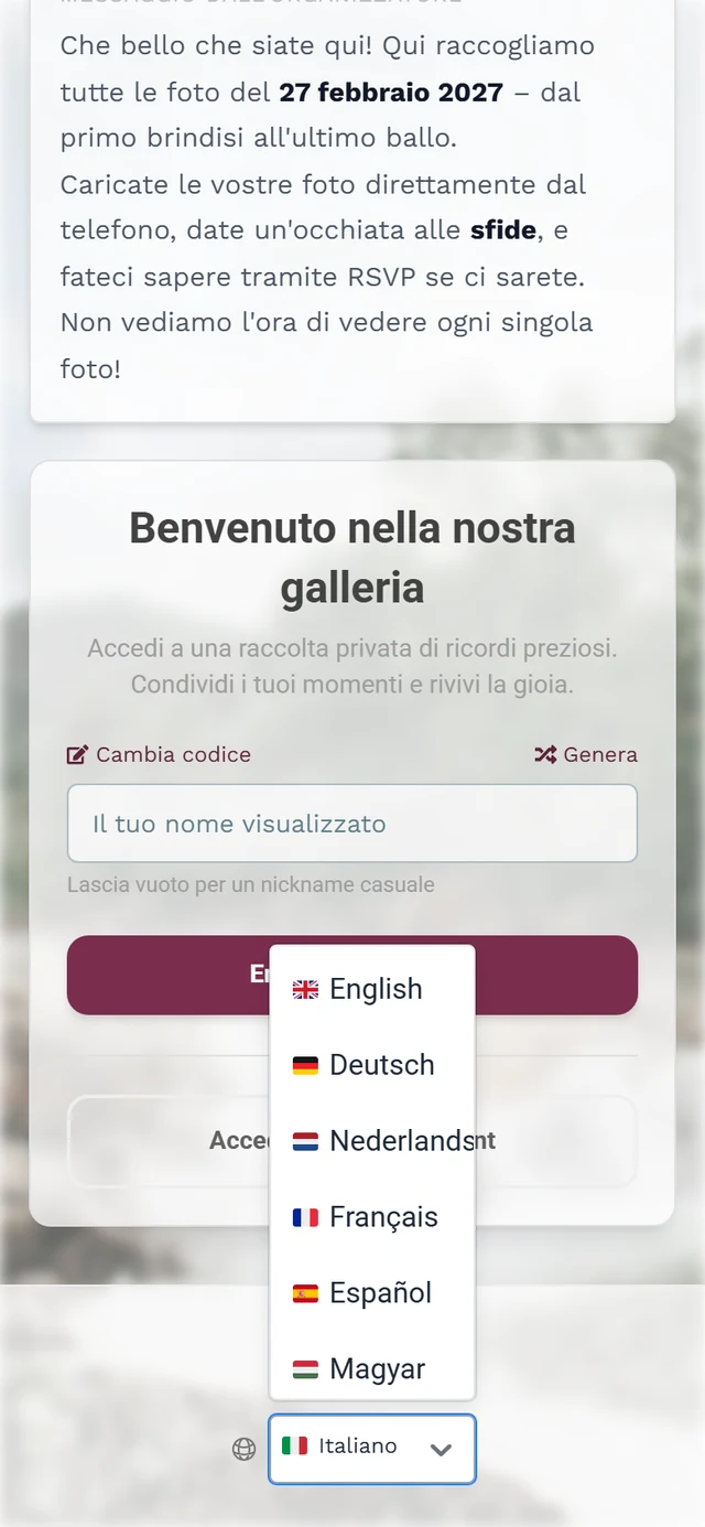 Piè di pagina della pagina di accesso con simbolo del globo ed elenco delle lingue aperto