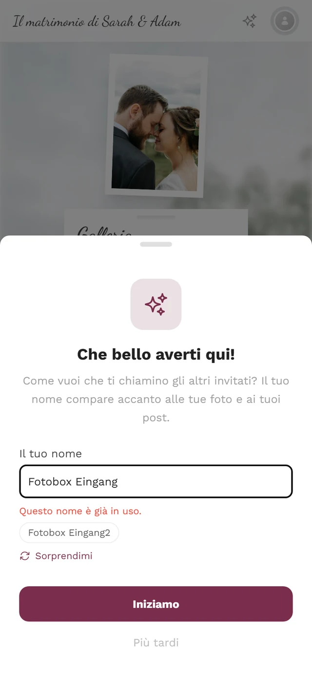 La stessa finestra con l'avviso rosso Questo nome è già in uso e sotto il suggerimento Fotobox Eingang2