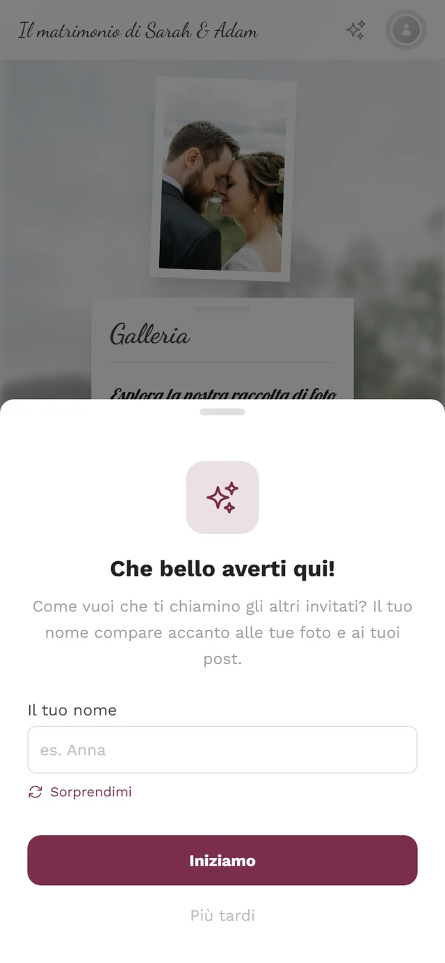 Finestra „Che bello averti qui!“ con icona a scintilla, il campo Il tuo nome e il pulsante Vai alle foto