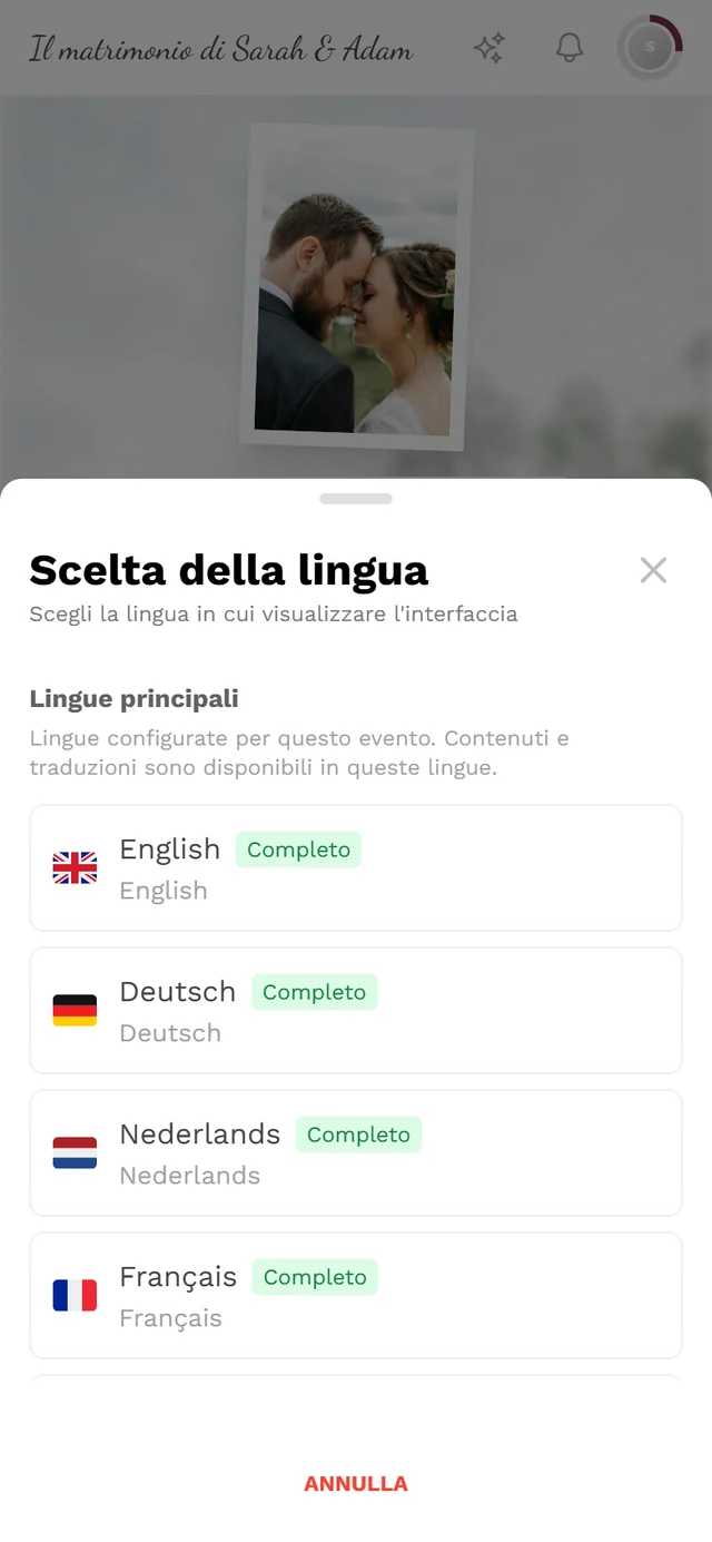 Finestra Scelta della lingua con le lingue principali, il distintivo Completo e il segno di spunta sulla lingua attiva