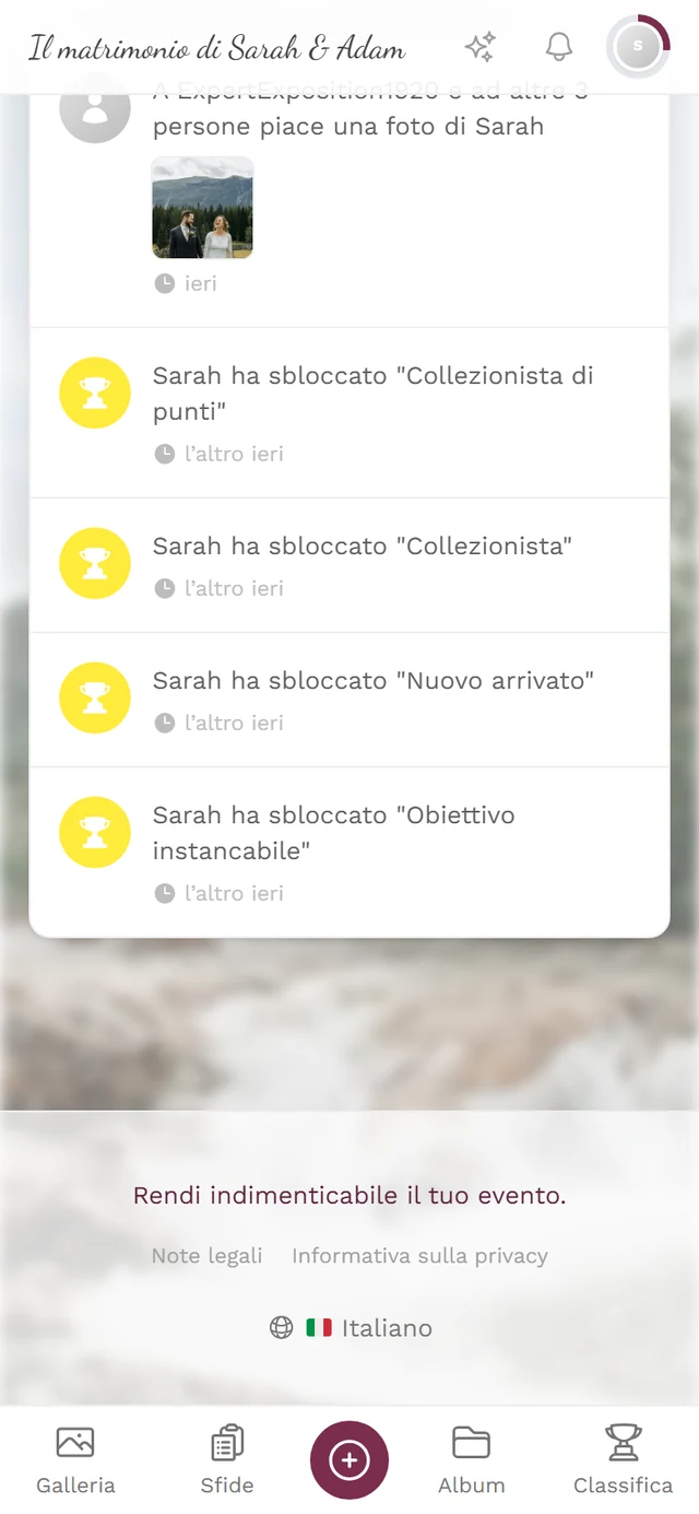 Piè di pagina della pagina iniziale dell'evento con i link Note legali e Privacy