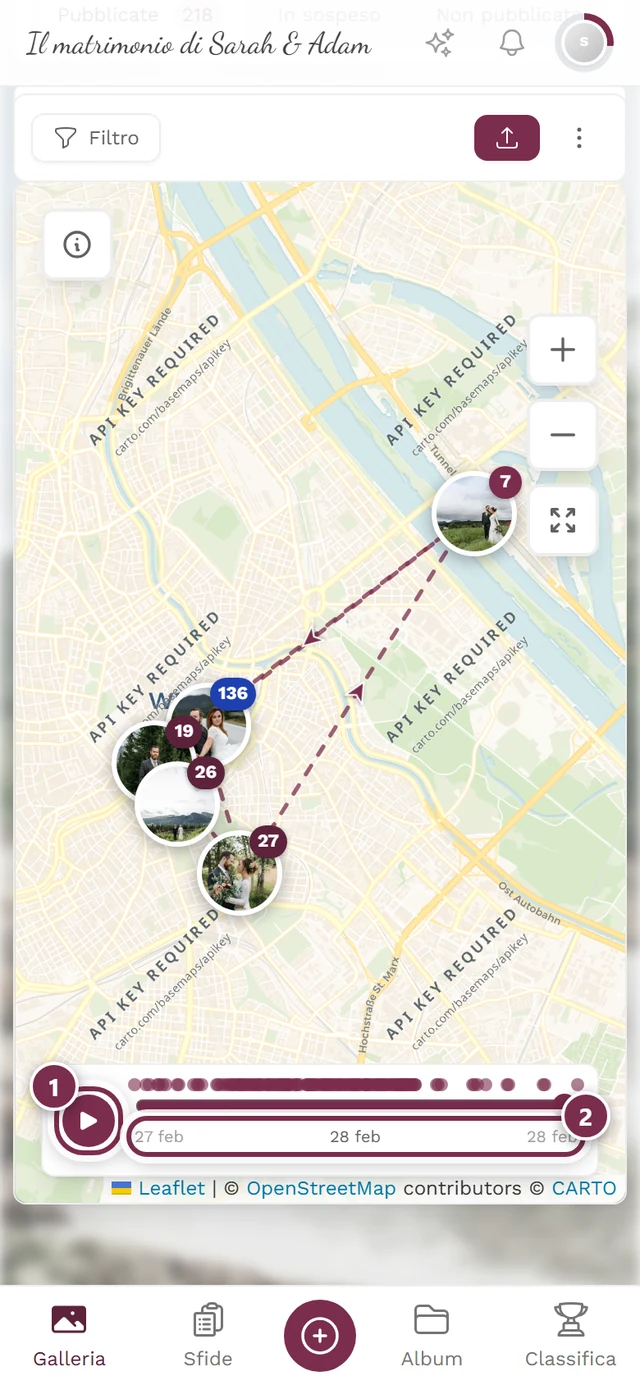 Timeline sul bordo inferiore della mappa con il pulsante play evidenziato e le date