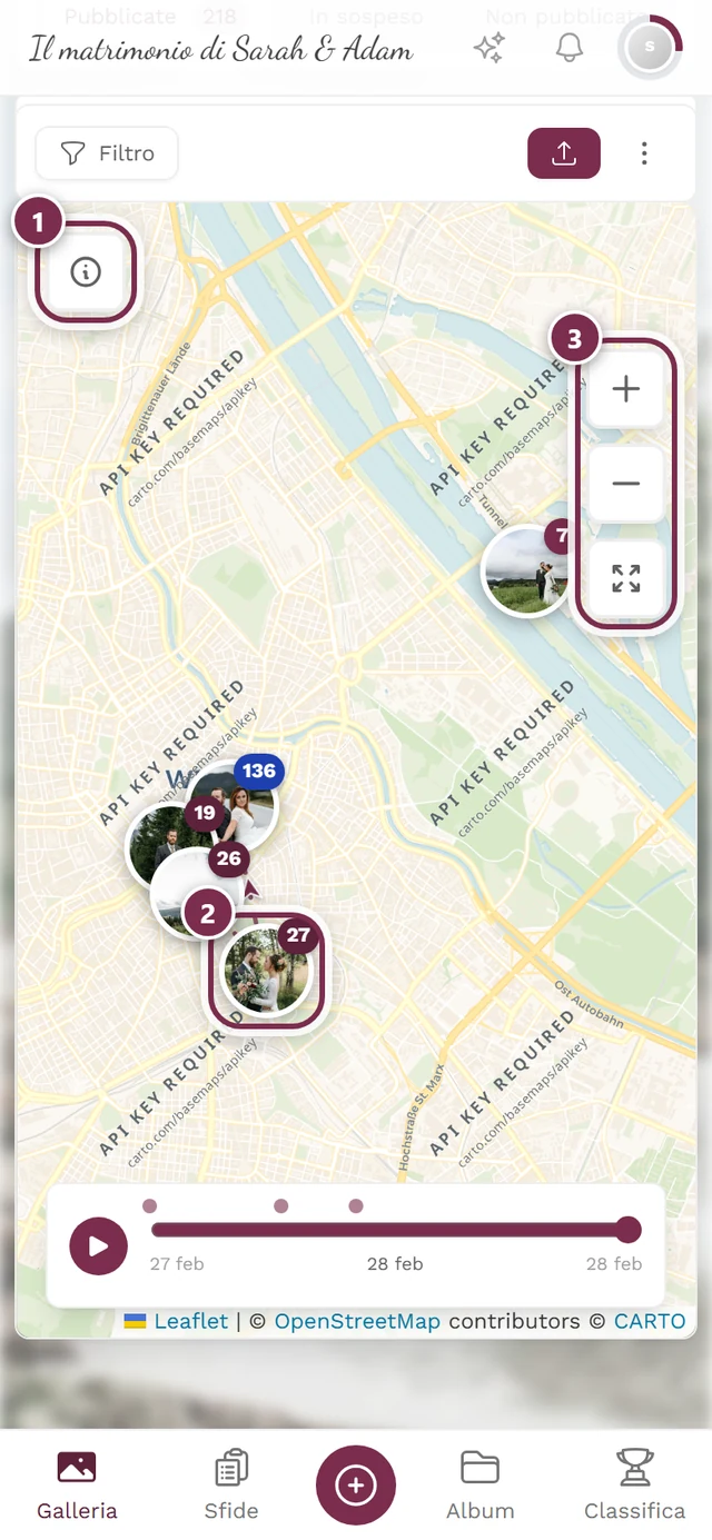 Vista mappa con tre segni: info, gruppo di foto, zoom