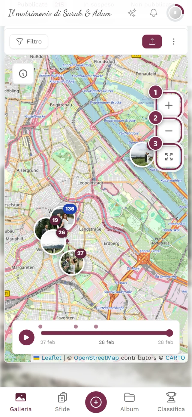 Vista mappa con i tre pulsanti in alto a destra evidenziati