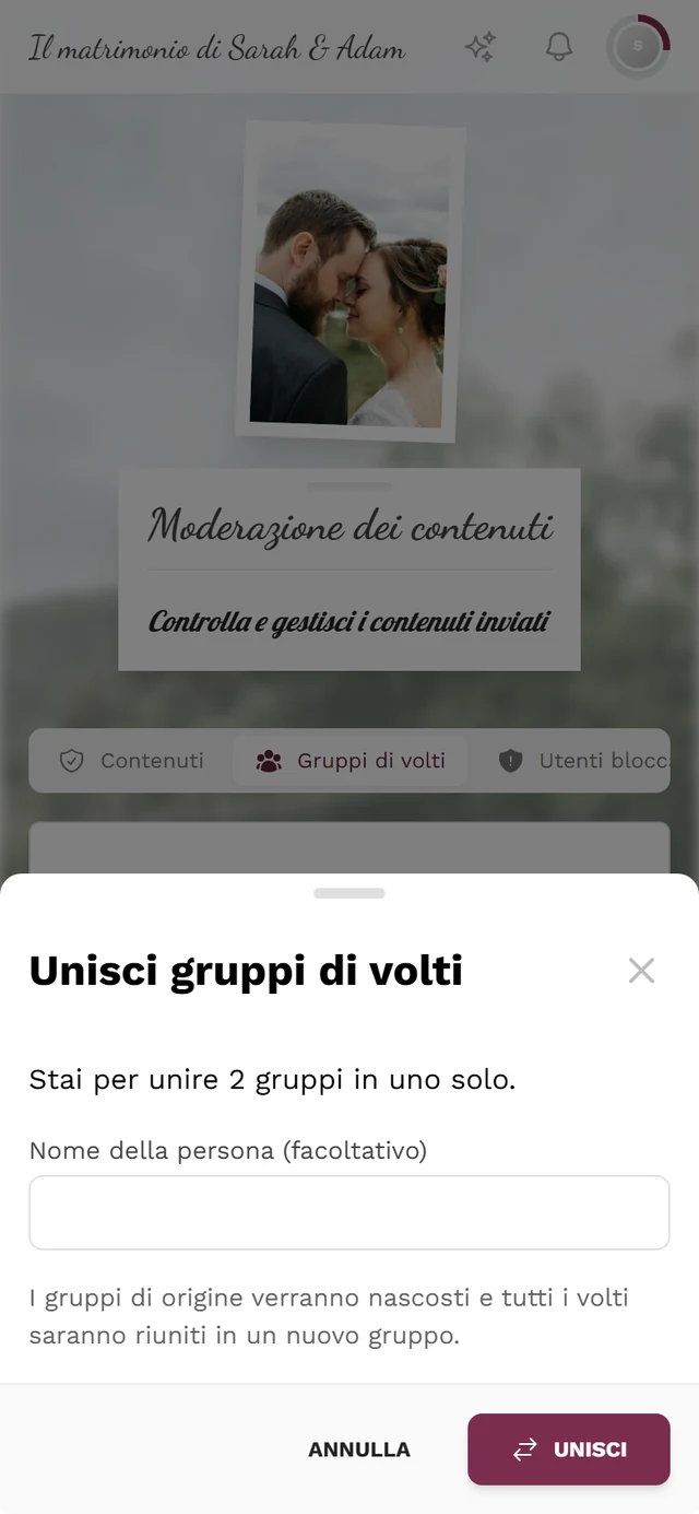Finestra Unisci gruppi di volti con il numero di gruppi, il campo Nome della persona (facoltativo) e i pulsanti Annulla e Unisci