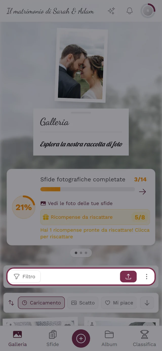 Barra degli strumenti della galleria con Filtro, Carica, Seleziona, Muro fotografico e Mappa