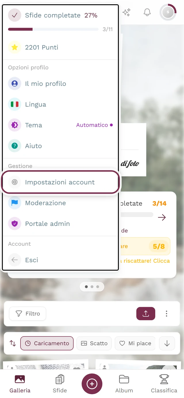 Menu del profilo in alto a destra, evidenziata la voce Impostazioni account nella sezione Gestione